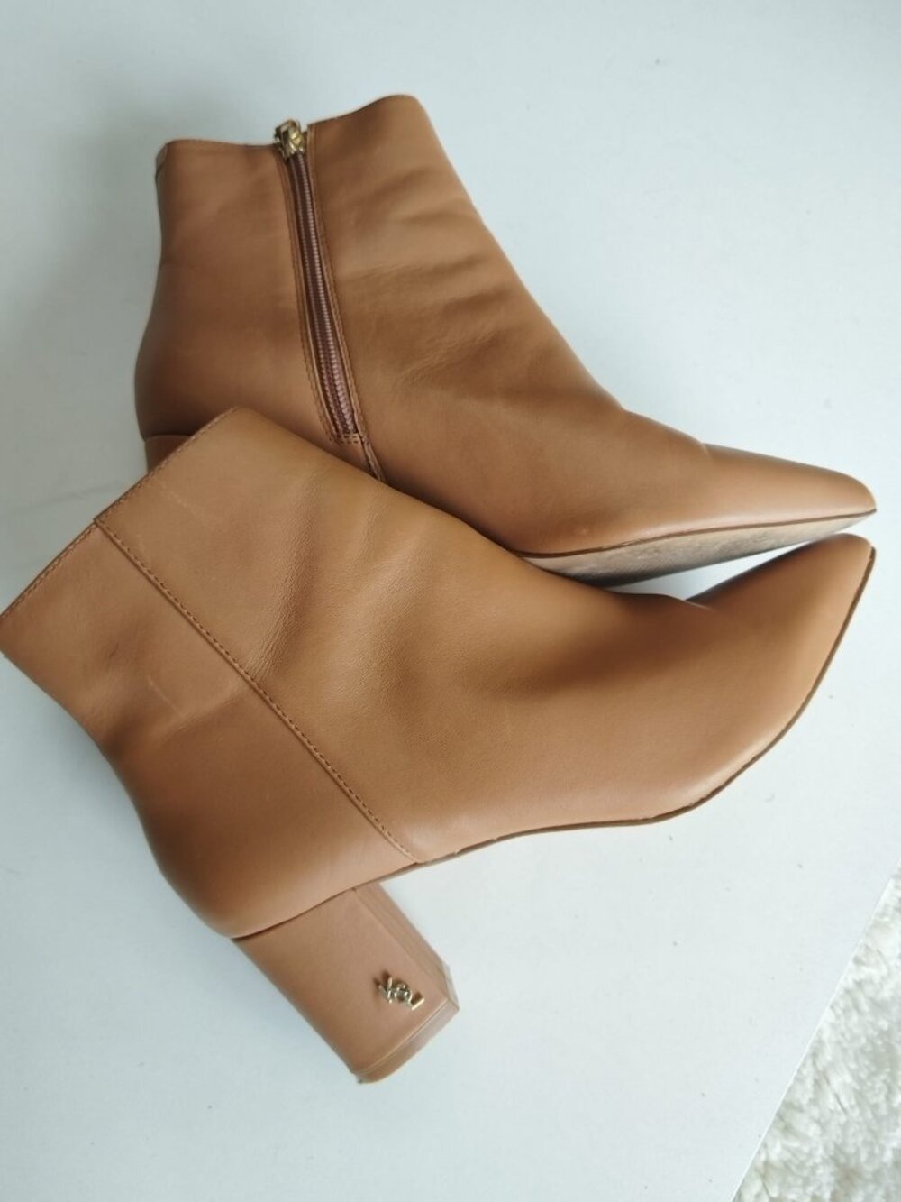 Kurt Geiger London Leather Ankle Boots Size 38 Tan Nude Block Heel Pointed Toe